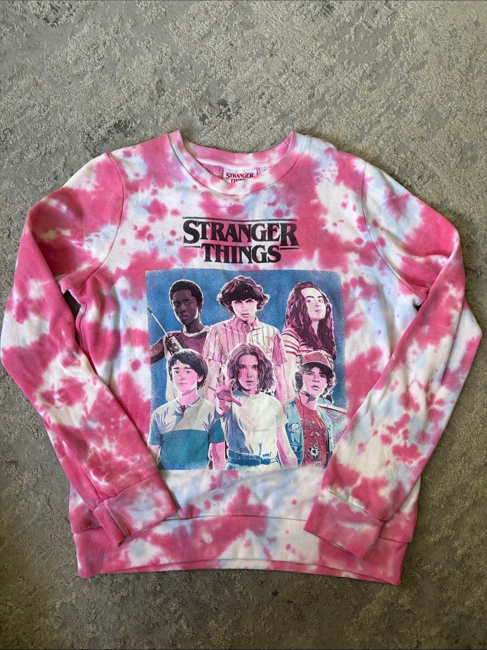 Stranger Things Tie-Dye Crewneck Sweatshirt - Pink & White
